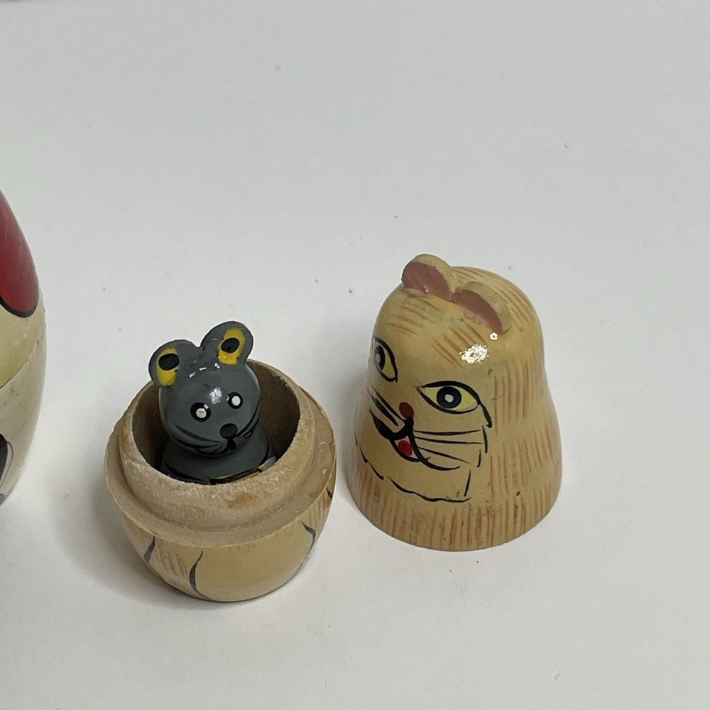 Cat Nesting Dolls Style Animal 5 Doll Set Wood Cat Kitten Kitty Yellow 7" Mouse - Picture 8 of 9